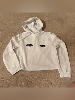 White Cropped Hoodie with Winking Eye Graphic 5T